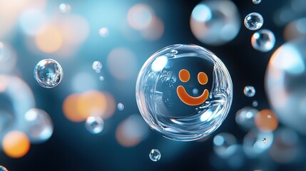 Poster - Happy bubble: a playful, translucent sphere with a cheerful orange smiley face floating in a dreamy space.
