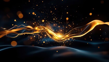 Poster - Golden wave of energy flowing against a dark backdrop, sparkling with glowing particle effects. Modern design.