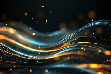 Poster - Abstract Glowing Waves: Digital art featuring flowing lines of light against a dark backdrop with bokeh effects.