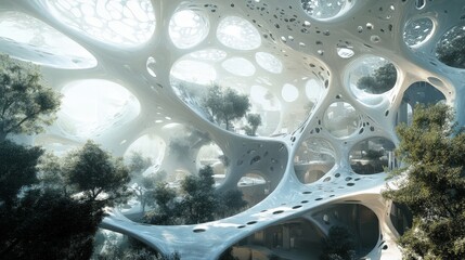 Poster - A dreamlike abstract construction scene where organic, tree-like structures grow into architectural forms.