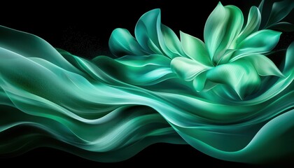 Poster - Abstract teal and green flower with flowing fabric. Dreamy floral design against a black background.