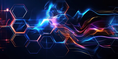Poster - Abstract technology background with glowing hexagonal grid and colorful light trails on a dark surface.
