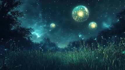 Poster - A dreamy night scene with glowing orbs floating above a field of soft grass.
