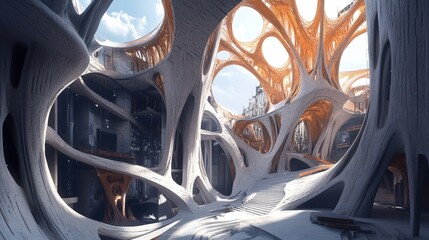 Poster - A dreamlike abstract construction scene where organic, tree-like structures grow into architectural forms.
