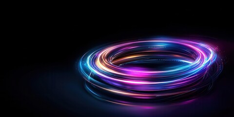 Poster - Abstract glowing neon rings swirl against a dark background, creating a futuristic and dynamic effect.