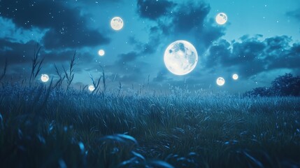 Poster - A dreamy night scene with glowing orbs floating above a field of soft grass.