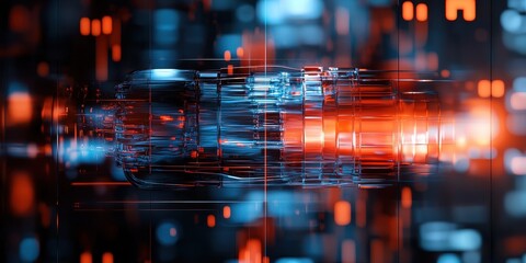 Poster - Abstract futuristic technology with blue and orange glowing light effects, complex structure and design.