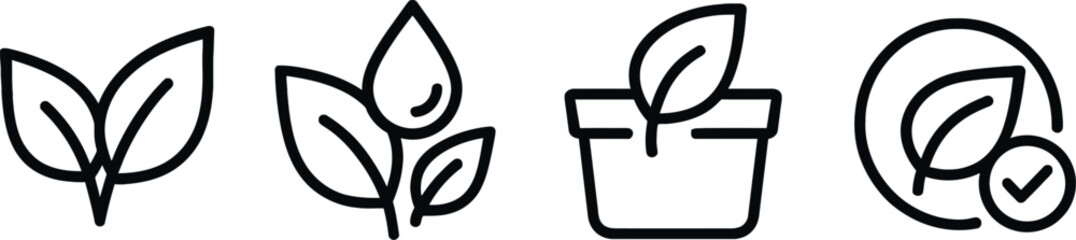 Poster - Illustrations of various plant leaves and a potted plant in a minimalist style suitable for environmental themes or decor