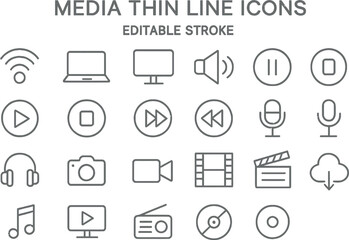 Poster - Collection of minimalist media icons in thin line style featuring various multimedia tools and devices
