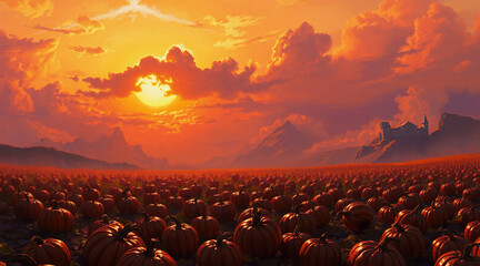 Poster - A vast pumpkin field stretches towards distant mountains under a vibrant orange sunset sky with dramatic clouds and a faint silhouette of a building.