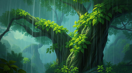Leinwandbilder - A large tree with vibrant green leaves is drenched in a gentle rain within a dense forest setting, evoking a serene and tranquil natural scene.