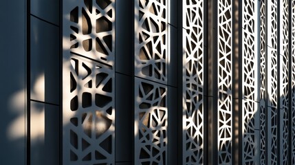 Poster - A dynamic abstract building facade with intricate lattice patterns casting complex shadows.