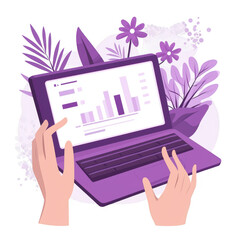 Poster - A digital workspace with a laptop displaying colorful graphs, surrounded by vibrant purple plants and flowers, symbolizing creativity and productivity.