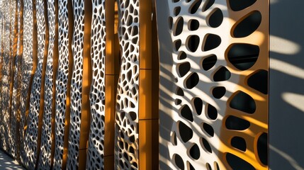 Poster - A dynamic abstract building facade with intricate lattice patterns casting complex shadows.