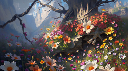 Poster - A vibrant field of colorful flowers blossoms at the base of a large tree, with distant mountains under a blue sky. A serene and peaceful nature scene.