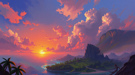 Poster - A scenic sunset paints the sky with vibrant hues over a tropical island.  Ocean waves gently meet the sandy shore beneath palm trees and a mountainous landscape.