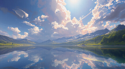 Poster - A tranquil scenery of a wide lake mirroring a bright sky filled with soft clouds, surrounded by green hills and distant mountains under the warm sunlight.