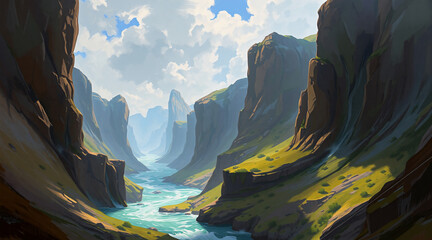 Poster - A peaceful scenery of a canyon with a flowing river at its base.  Steep cliffs rise on both sides, showcasing green vegetation and a partly cloudy sky above.