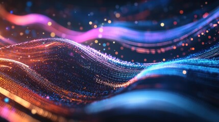 Poster - A dynamic and energetic digital flow with abstract waves of information traveling through cyberspace.