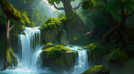 Leinwandbilder - A beautiful waterfall flows over moss-covered rocks in a lush green jungle. Tall trees and dense foliage create a serene and peaceful natural scene.