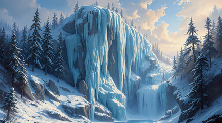Poster - Majestic icefall cascading down a snow covered mountain, surrounded by evergreen trees under a partly cloudy winter sky. Scenic landscape.