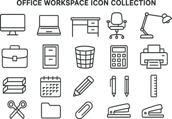 Poster - Essential icons for a modern office workspace featuring various essential items and equipment