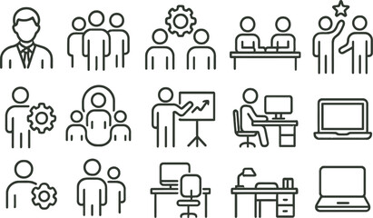 Poster - iconic symbols representing teamwork, collaboration, and office activities in a professional environ