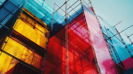 Poster - A dynamic construction site with bold geometric forms and overlapping scaffolding in an abstract composition.