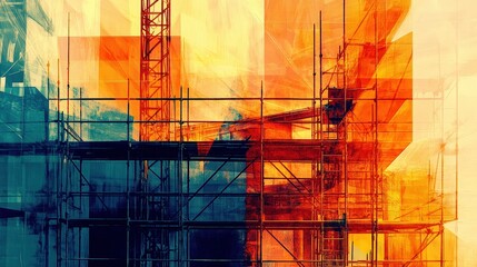 Poster - A dynamic construction site with bold geometric forms and overlapping scaffolding in an abstract composition.