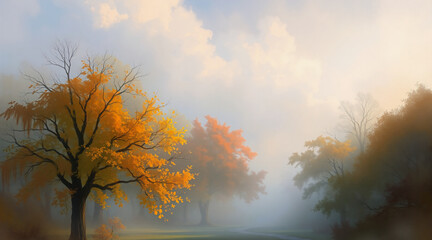 Leinwandbilder - Foggy autumn scene with colorful trees displaying vibrant fall foliage. A peaceful and calm atmosphere is created by the soft mist and muted sunlight.