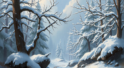 Poster - A serene winter scene depicting a snow-covered forest with sunlight gently filtering through the branches, illuminating a small stream flowing through the snowy landscape.