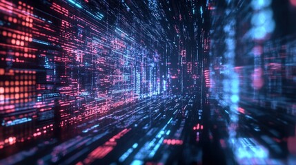 Poster - A dynamic technology matrix featuring cascading binary codes, holographic projectors, and data-infused digital landscapes.