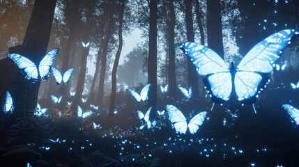 Poster - A fantasy forest glowing with bioluminescent butterflies, creating an ethereal atmosphere