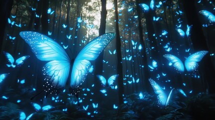 Poster - A fantasy forest glowing with bioluminescent butterflies, creating an ethereal atmosphere