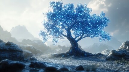 Poster - A fantasy scene featuring a tree with blue, bioluminescent leaves standing in a dreamy landscape