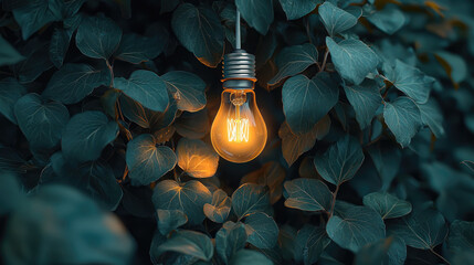 Poster - glowing light bulb hangs amidst lush green leaves, creating warm and inviting atmosphere. contrast between bright light and dark foliage evokes sense of tranquility and harmony with nature