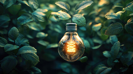 Poster - glowing light bulb hangs delicately among lush green leaves, creating serene and enchanting atmosphere. warm light contrasts beautifully with vibrant foliage, evoking sense of tranquility