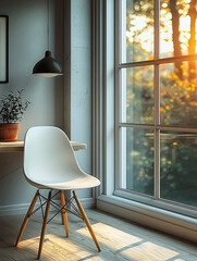 Poster - modern chair sits beside large window, illuminated by warm sunlight filtering through trees outside. serene atmosphere is enhanced by potted plant on table, creating cozy workspace