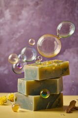 Poster - colorful soap bars stacked with delicate bubbles floating above on a soft purple background