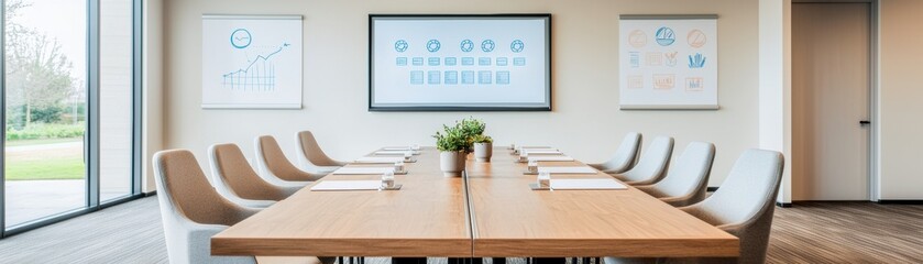 Poster - Modern conference room featuring a long table, comfortable chairs, and wall art depicting charts and graphs.
