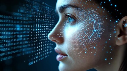 Exploration of digital technology and facial recognition in a futuristic setting highlighting concepts of data and identity