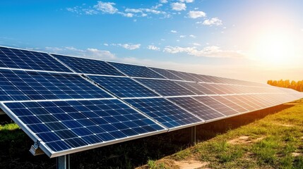 A solar panel array captures sunlight, promoting renewable energy with a bright sky and horizon in the background.