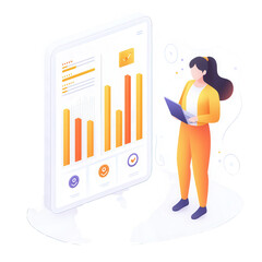 Poster - A woman analyzing data on a digital screen displaying colorful graphs. It represents business analytics and performance metrics.