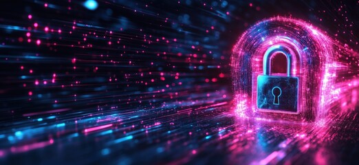 Fototapete - Digital lock symbolizing cybersecurity and data protection in vibrant neon colors