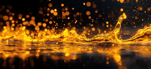 Poster - Golden liquid splash with shimmering droplets and reflections on dark background