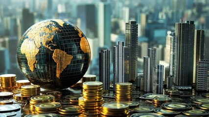 Poster - Golden coins and world globe on a reflective table with a city skyline in the background representing wealth, investment, and global economy dynamics