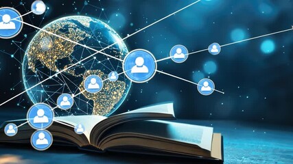 Poster - Open Book with a Globe and User Icon Symbolizing Global Knowledge Sharing in the Digital Age Representing Learning and Connectivity Concepts