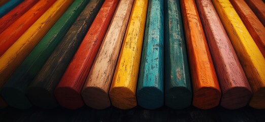 Poster - Colorful wooden logs arranged in a vibrant pattern showcasing various hues and textures