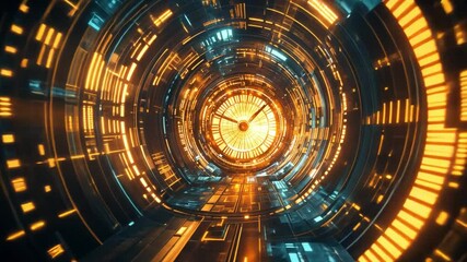 Poster - Futuristic Tunnel with Glowing Lights and Digital Elements in a Vivid Sci-Fi Style Representing Technology and Innovation