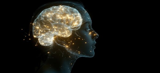 Poster - Digital representation of human brain with glowing neural connections in profile silhouette